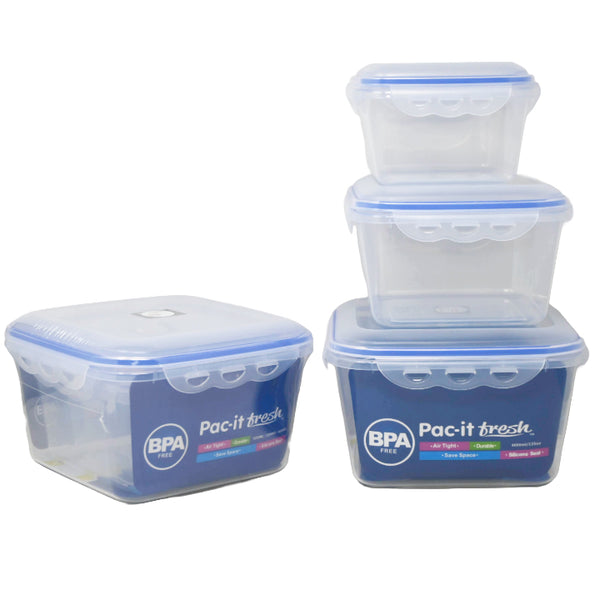 3pc SQR. PLASTIC FOOD STORAGE CONTAINER SET PAC-IT FRESH C/P 24