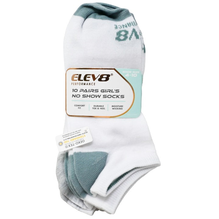 10pk Girls 9-11G Asst Wht No Show Socks C/P 60 ELEV8