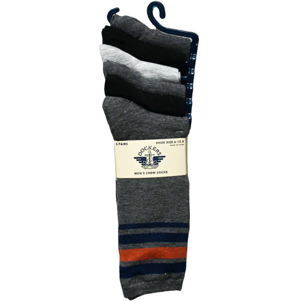 6pk GREY FLAT KNIT PATTERNED CREW SOCKS SIZE 10-13 C/P 36