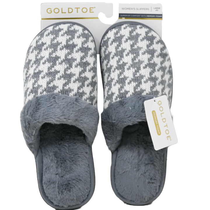 S-XL WOMEN GREY HOUNDSTOOTH KNIT SLIPPER GOLD TOE C/P 18