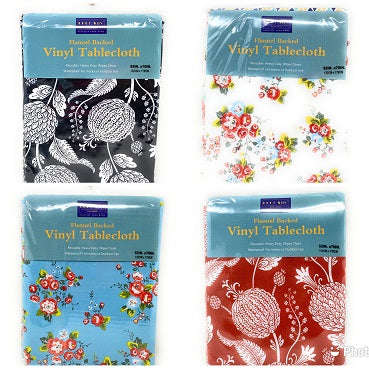 52" X 70" 4-ASSORTED FLOWER PRINTS FLANNEL BACKED VINYL TABLE CLOTH C/P 24