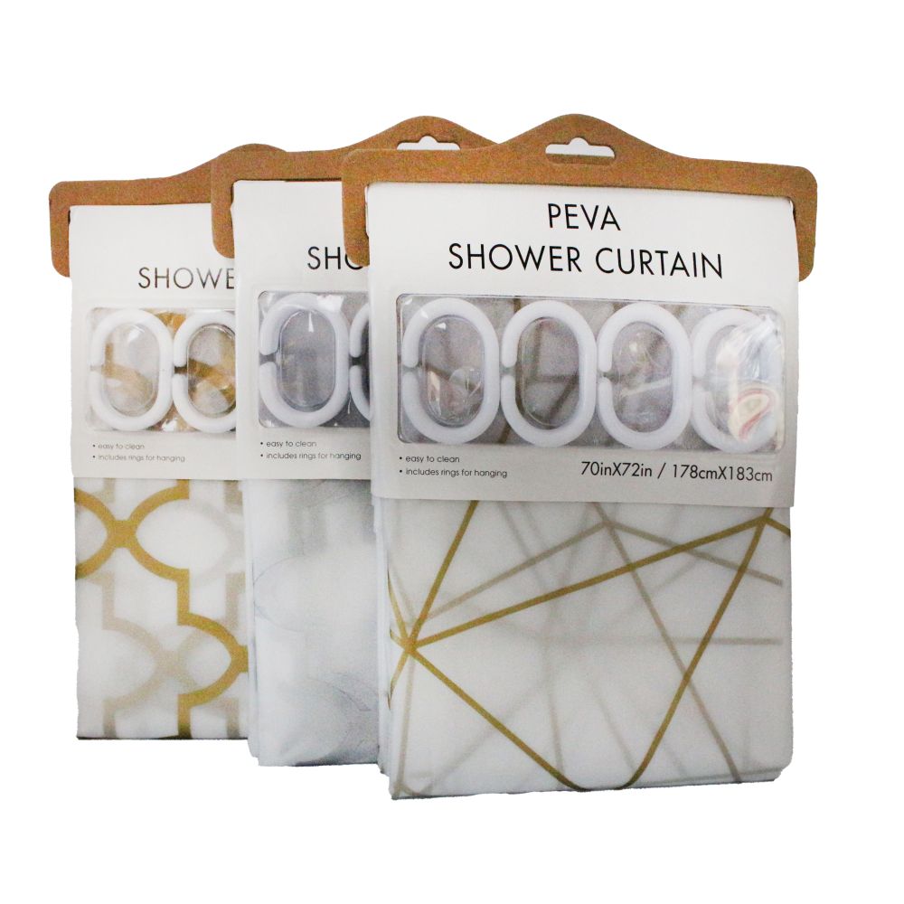 70" X 72" Peva Printed Shower Curtain with Clear hooks C/P 24