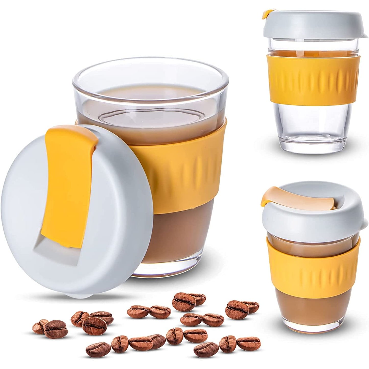 LOVWISH COFFEE MUG GLASS SET W/LID AND SILICON SLEEVE C/P 48