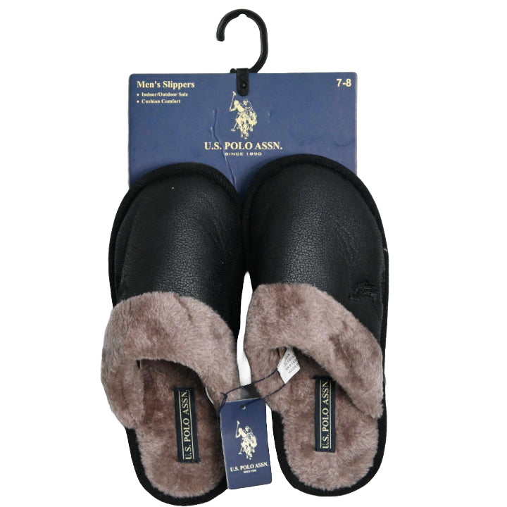 U.S. POLO ASSN. BLK MEN SLIPPERS W/BROWN FUR C/P 24
