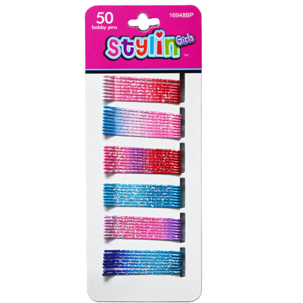 STYLIN GIRLS 50 PC TONAL ENAMEL BOBBY PINS WITH GLITTER C/P 144