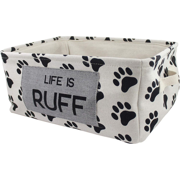 "AS IS" 17"x13"xH8 White/Black Paw Prints all Over "Life Is RUFF" in Grey Rectangle Pet Storage Bin C/P 12