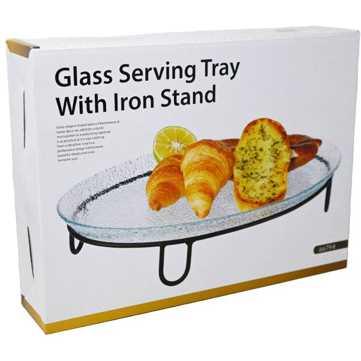 GLASS SERVING TRAY W/METEAL STAND C/P 8