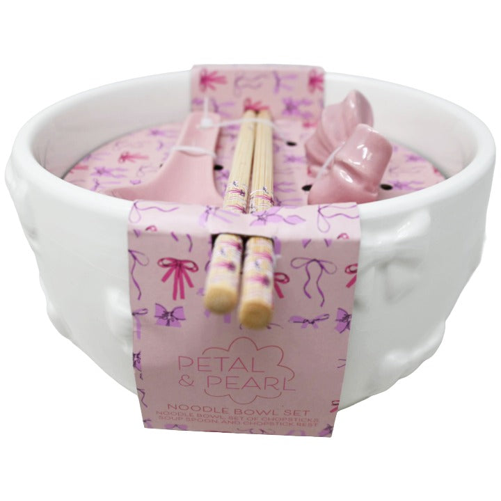 WHITE CERAMIC NOODLE BOWL W/EMBOSS RIBBON PINK SPOON CHOPSTICKS W/PRINTING & SPOON REST LUNA & SAGE C/P 12
