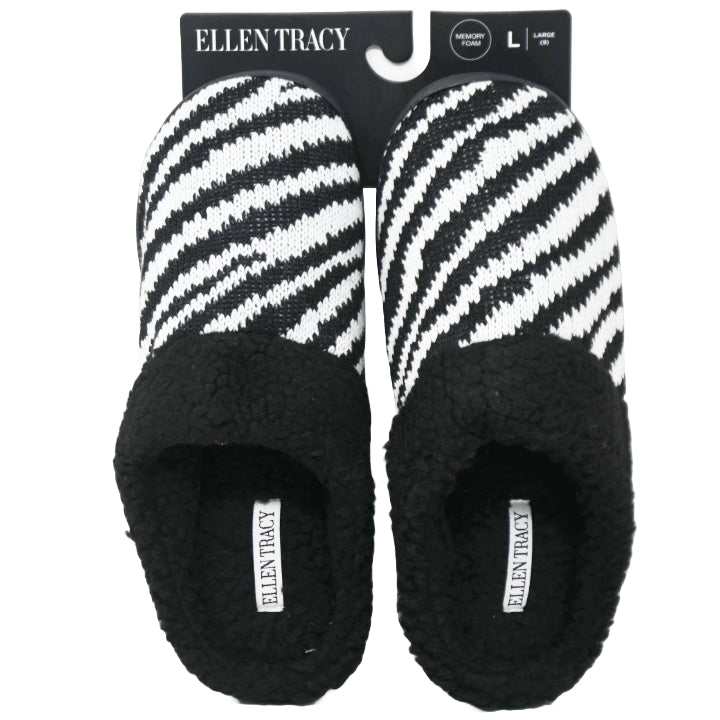 S-XL WOMEN BLK ANIMAL KNIT SLIPPER W/SHERPA COLLAR ELLEN TRACY C/P 18