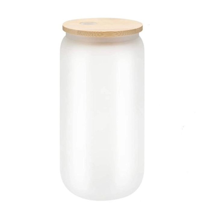 16oz White Frosted Glass Tumbler w/Bamboo Lid (No Label or UPC) C/P 25