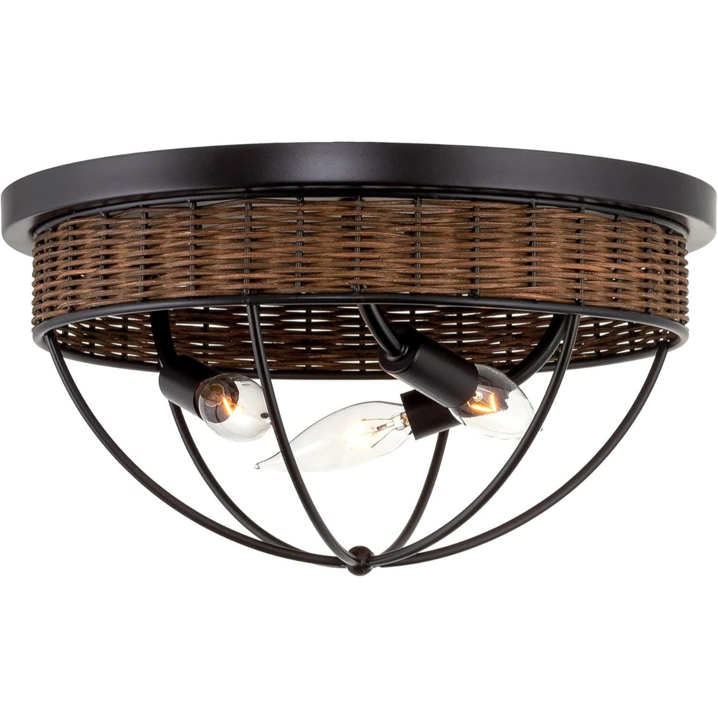 Dunmore 14" 3-Light Modern Farmhouse Flush Mount Ceiling Light, Open Dome Style Lighting + Brown Woven Basket Accents, Rattan Wicker Shade Design + Brown/Oil Rubbed Bronze Finish C/P 1