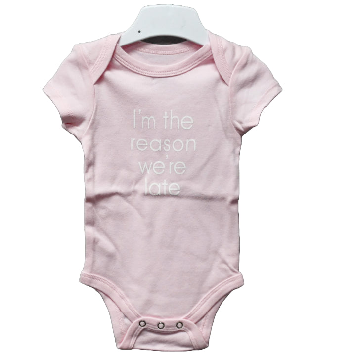 0-3 Month Pink Onesie- Reason We're Late C/P 48