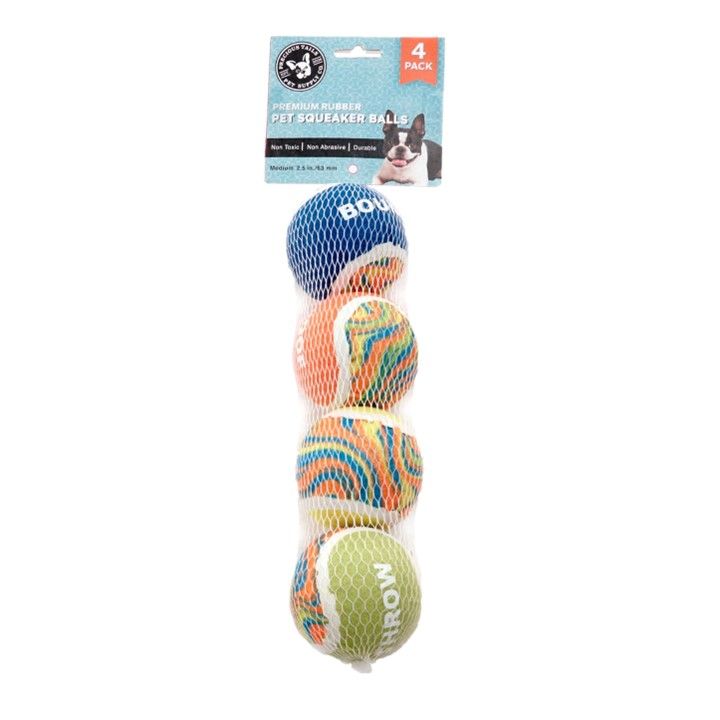 4pk 2" SMALL MULTI COLORED SWIRLS PET TENNIS BALLS C/P 48