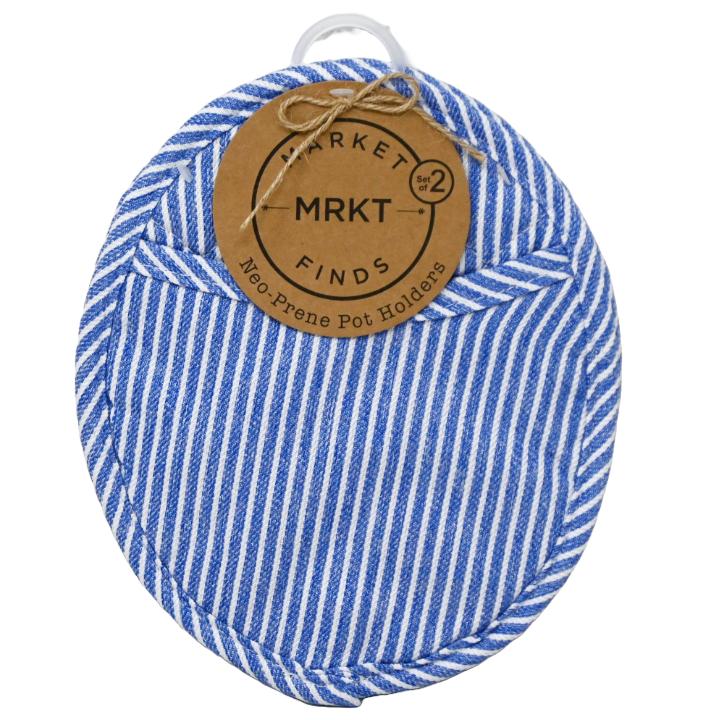 2pk Blue White Stripe Black Neo-Prene Oval Pot Holders C/P 48