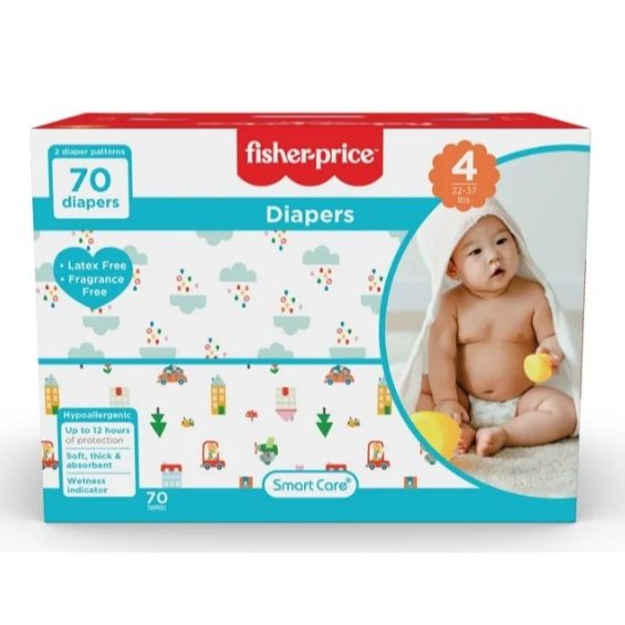 70ct FISHER PRICE FULL ELASTIC WAIST BAND DIAPERS W/WETNESS INDICATOR SIZE 4 C/P 1