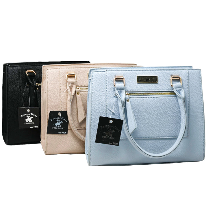 BHPC SATCHEL HANDBAG W/TOP ZIPPER 3-ASST BLK-BLUE-TAN C/P 12
