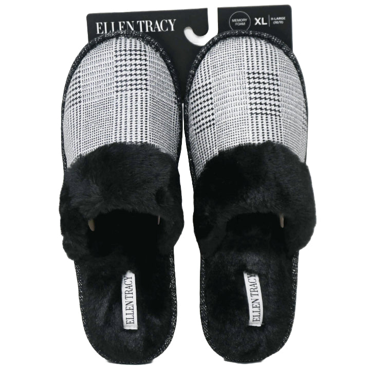 S-XL WOMEN SILVER GLITTER HOUNDSTOOTH SLIPPER W/FAUX FUR COLLAR ELLEN TRACY C/P 18