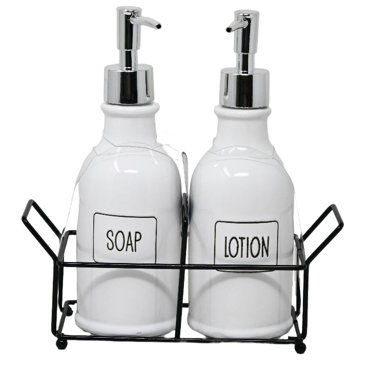 Ceramic Bath Soap and Pump with Metal Base - "Soap" and "Lotion" C/P 12