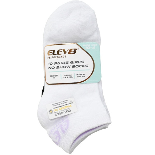 10pk Girls 6-8G Asst WGB No Show Socks C/P 60 ELEV8