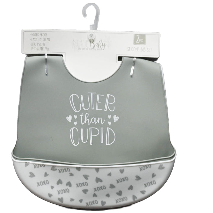 2pk Grey "Cuter Than Cupid" Silicone Baby Bibs C/P 60