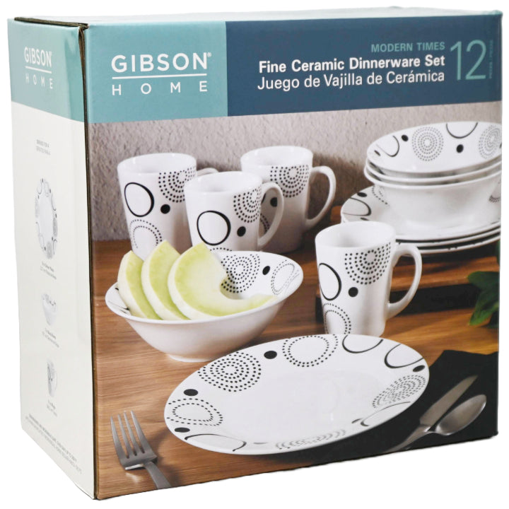 Gibson Home 12pc Dinnerware Set Modern Times B/W Ceramic CB C/P 2