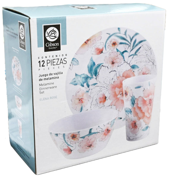 12pc GV ELENA ROSE DECAL MELAMINE DINNERWARE SET C/P 8