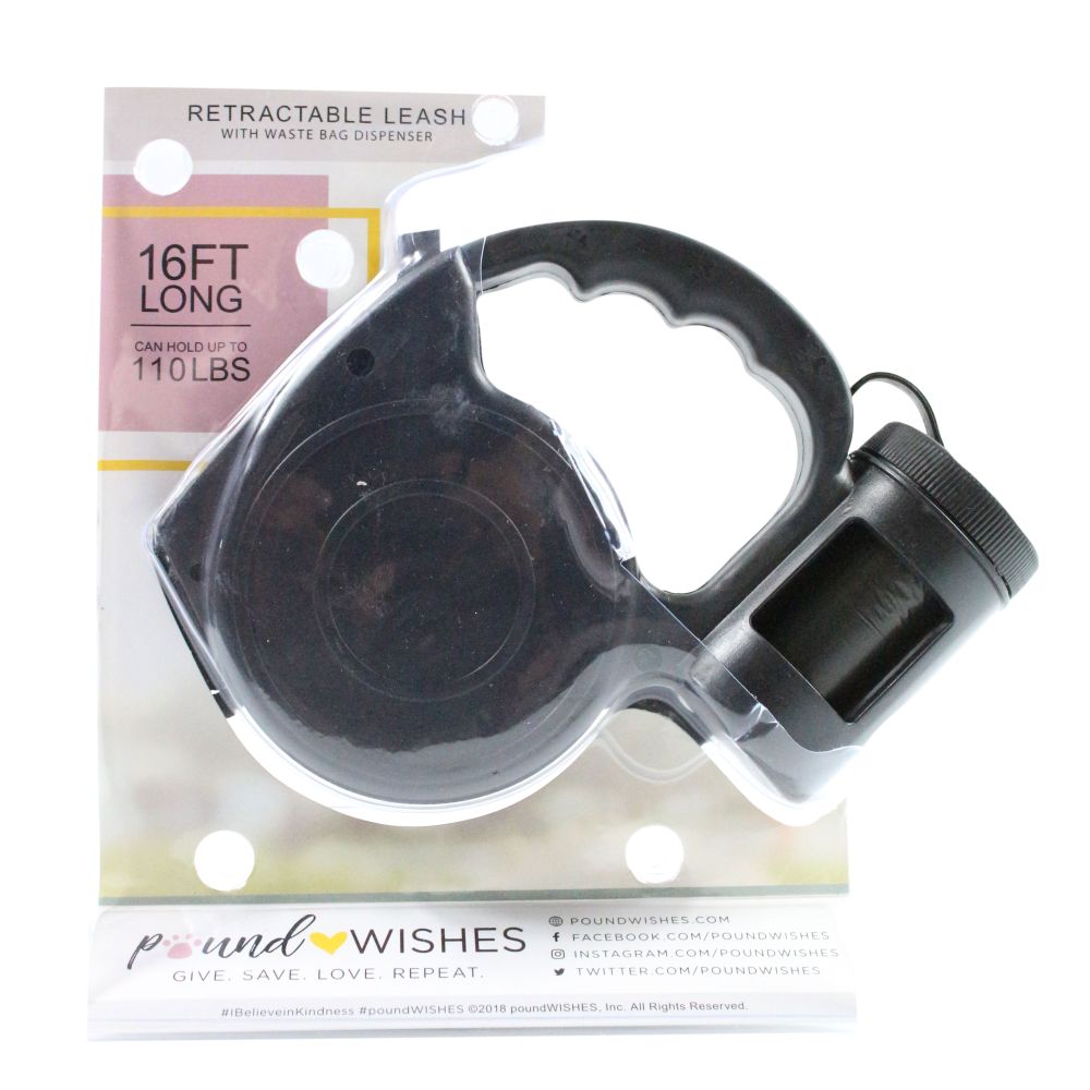 16ft BLACK RETRACTABLE LEASH W/WASTE BAG DISPENSER C/P 24