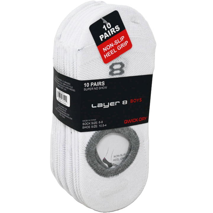 10pk LAYER 8 WHITE BOYS N/S SOCKS SIZE 6-8 C/P 60