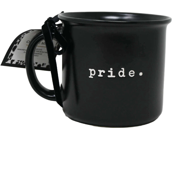 Matte Camper Mug with Debossed "Pride." Nicole Miller C/P 36