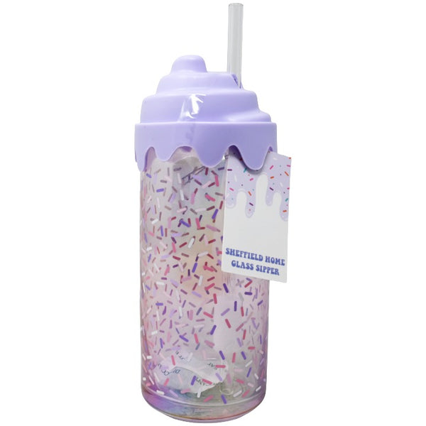 GLASS SIPPER W/ICE CREAM PURPLE FIGURAL LID SHEFFIELD HOME C/P 24
