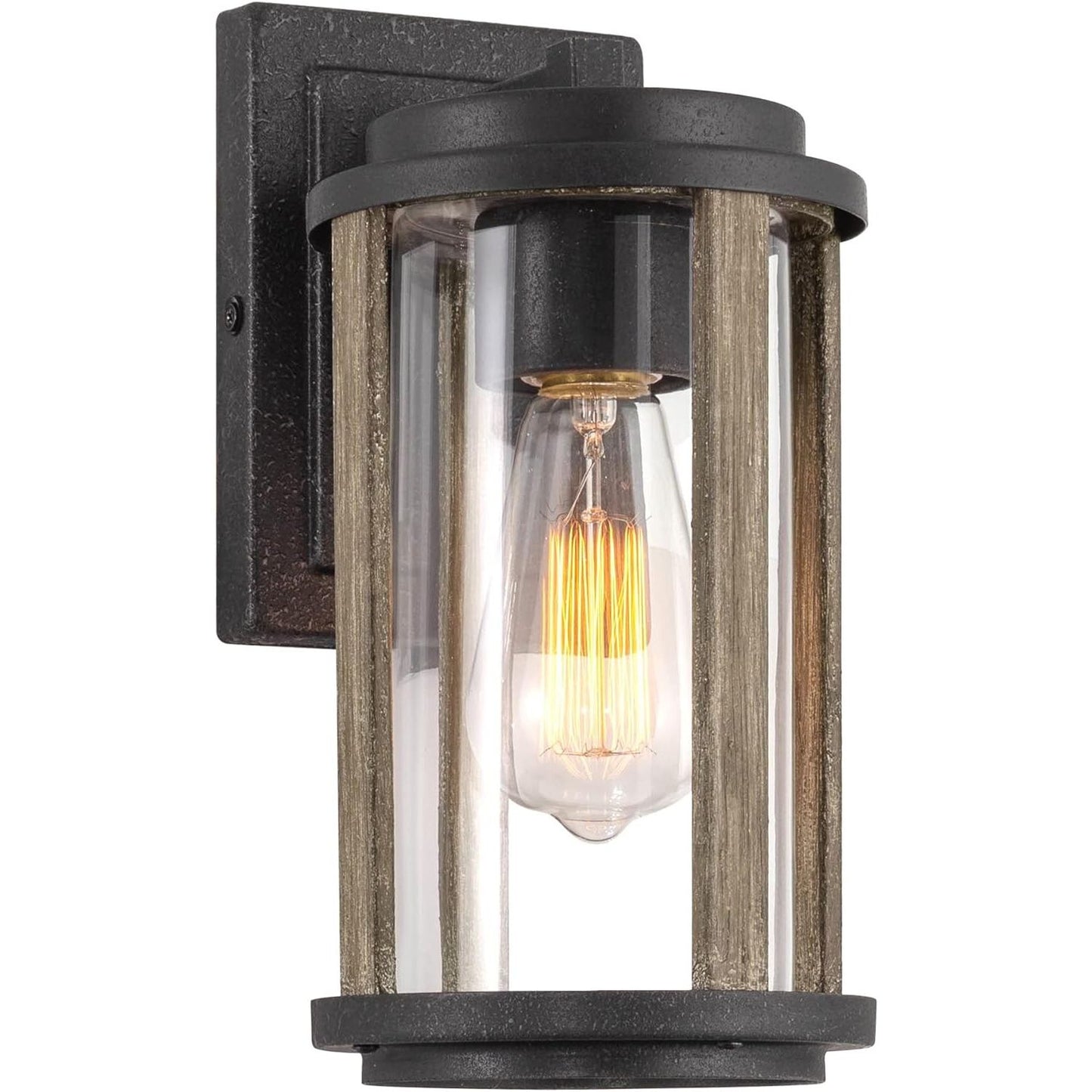 Morrison 11" Rustic Traditional Outdoor Weather Resistant Wall Sconce + Cylinder Glass Shade, Weathered Oak Wood Style + Textured Black Finish C/P 1