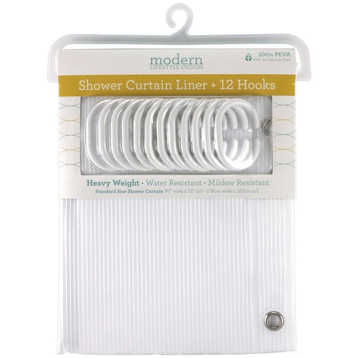 70"x72" WHITE 2D VERTICAL LINES PEVA SHOWER LINER W/PLASTIC HOOKS C/P 24
