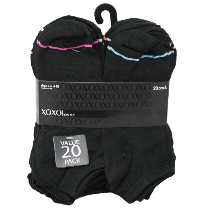 20pk LADIES BLK XOXO LOW CUT NC SOCKS SIZE 4-10 C/P 48