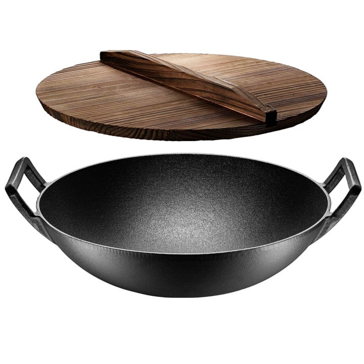 14" KLEE BLACK CAST IRON WOK PAN W/WOOD LID AND HANDLES C/P 2