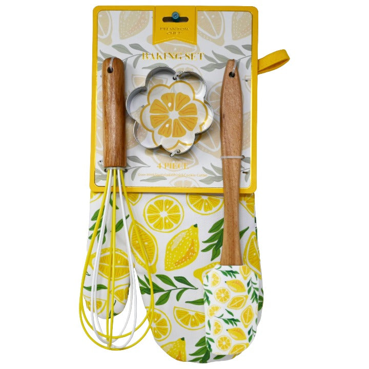 4pc Lemon Printed Baking Set wSpatula, Whisk, Oven Mitt and Cookie Cutter C/P 24