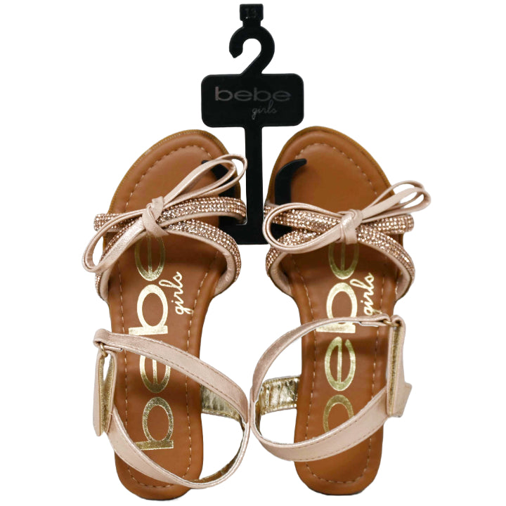 BEBE GIRLS GOLD STACK HEEL SANDAL W/RHINESTONE VAMP STRAPS AND SELF TO UPPER BOW ASST SIZEE C/P 12