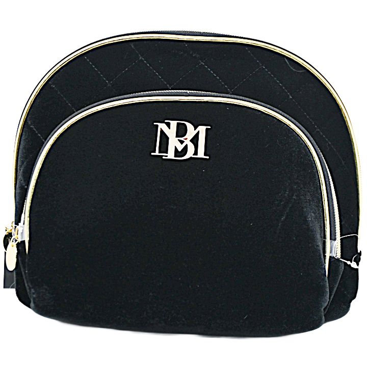 2pc BLACK QUILTED VELVET DOME COSMETIC BAG SET BADGLEY MISCHKA C/P 24