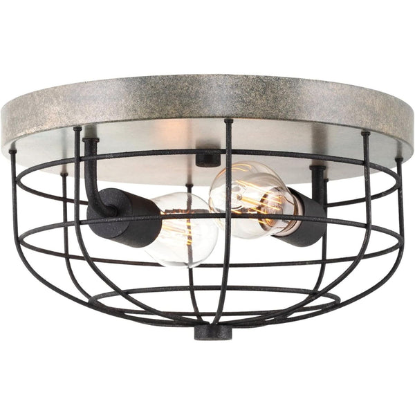 Duncan 13" 2-Light Industrial Farmhouse Metal Flush Mount, Cage Ceiling Light, Slate Iron + Textured Black Finish C/P 1
