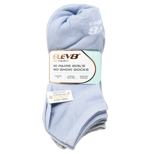 10pk Girls 9-11G Asst LGW No Show Socks C/P 60 ELEV8