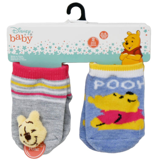 2pk 0-6m FLAT POM BABY POOH BEAR SOCKS C/P 12