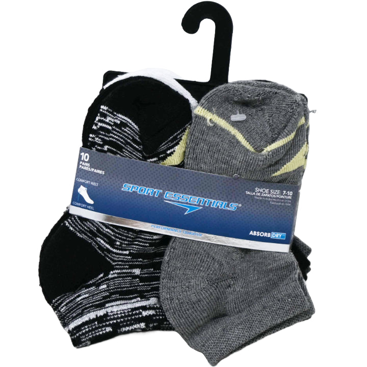 10pk KIDS BLK SPORT ESSENTIALS RANDOM KNIT HC QTR SOCKS SIZE 4-6 C/P 60