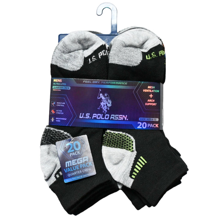 20pk MEN BLK NC QTR SOCKS U.S. POLO ASSN. ASST COLORS SIZE 6-12 C/P 48