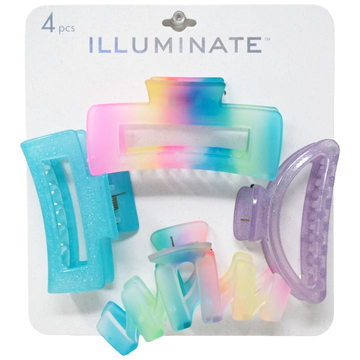 Illuminate 4pk Color Asst Hair Clips (2 Softhand and 2 Glitter Claw Clips) Peg Card C/P 72