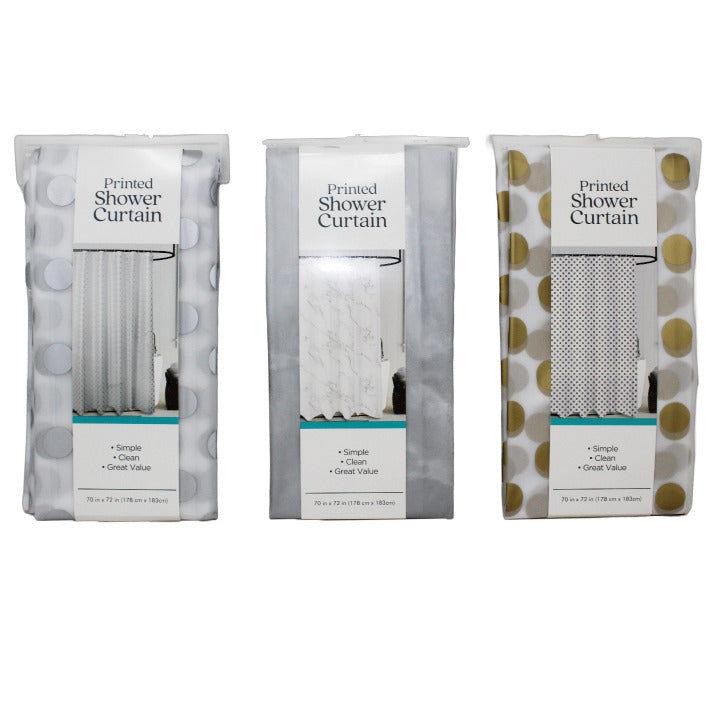 70" X 72" Peva Printed Shower Curtain, 3 asst colors, Vendor #FPY15962 C/P 48