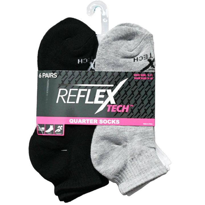 6pk LADIES WHT/BLK/GRY CUSHIONED QUARTER SOCKS SIZE 9-11 C/P 36