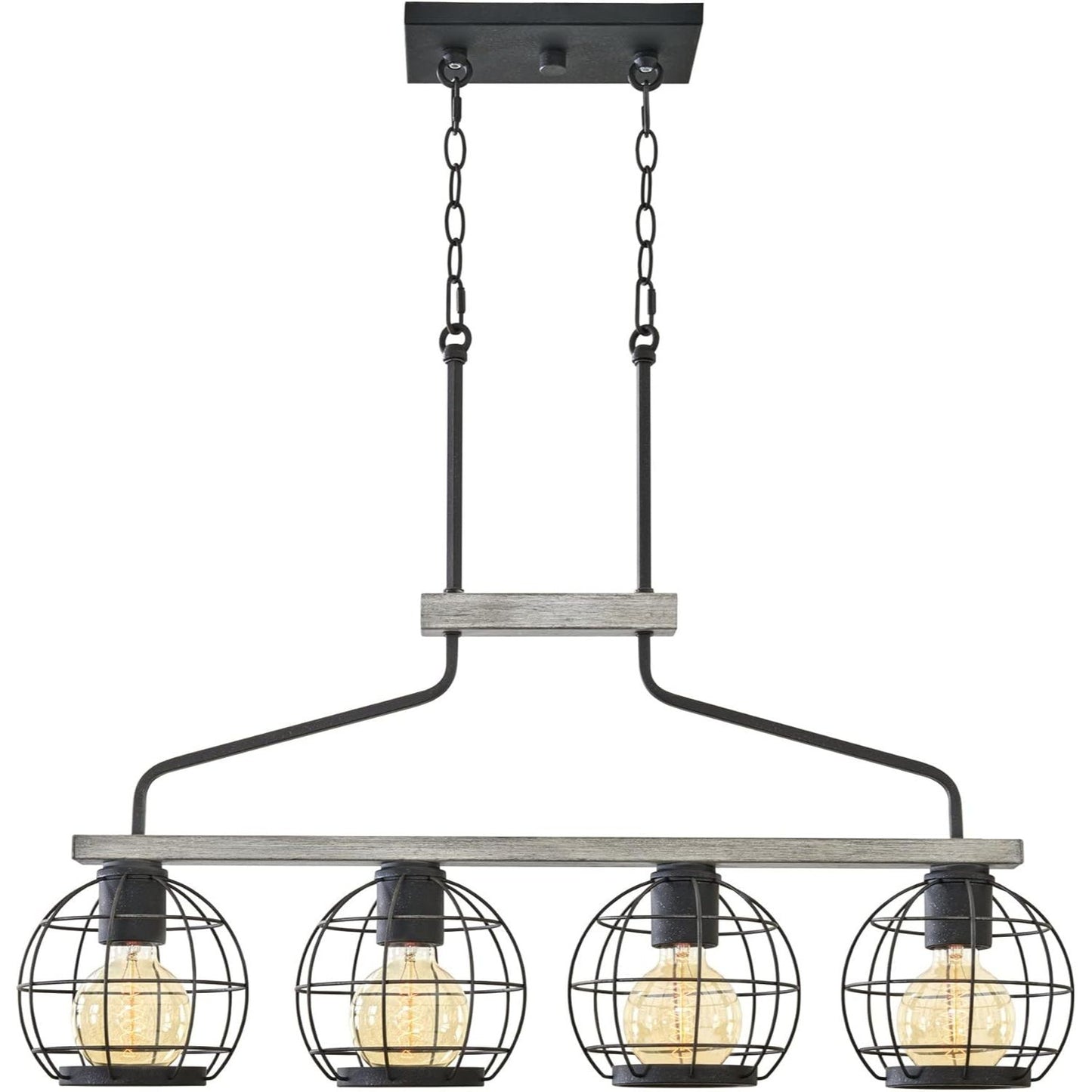 Wellington 34" 4-Light Farmhouse Island Light + Round Cage Shades, Light Cedar Wood Style + Textured Black Finish C/P 1
