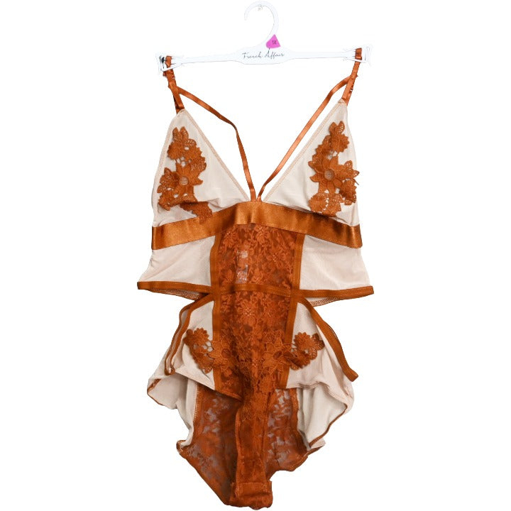 Brn Lace/Mesh Lined Bodysuit C/P 36 French Affair