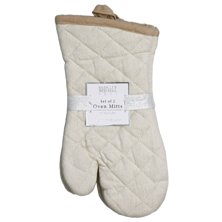 2PC Quilted Mittens - Cream With Beige Accent Border & Loop Badgley Mischka C/P 24