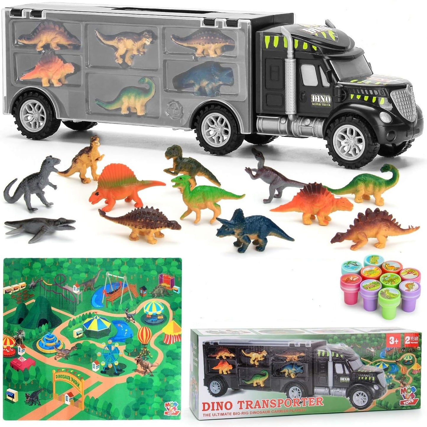 Dinosaur Truck Carrier – 12 Dino Figures, XL Playmat & 10 Dino Stamps for Kids C/P 16