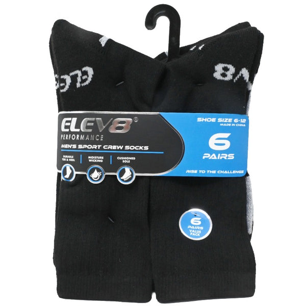6pk Mens 10-13M Asst Blk Block Crew Socks C/P 60 ELEV8